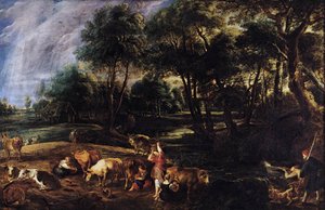 Landschap met koeien en wilde jagers door Peter Paul Rubens